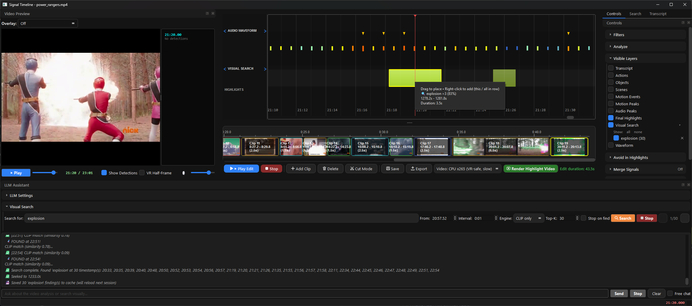 VideoHighlighter signal timeline — reviewable detections and scored moments on your own machine